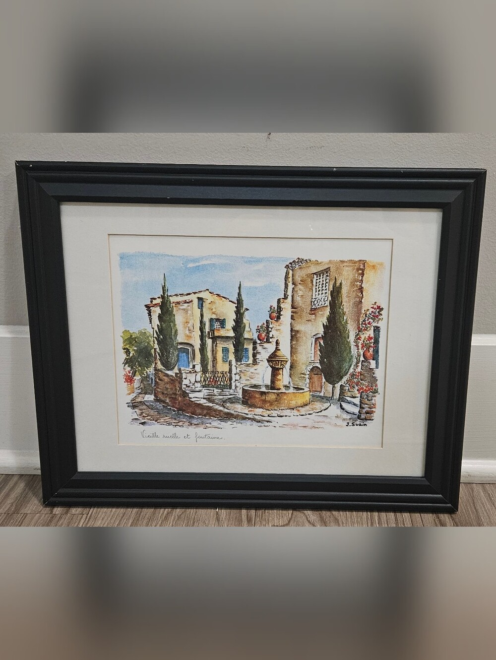 J. Svain Watercolor Art Print Framed Vieille Ruelle Et Fontaine French Village